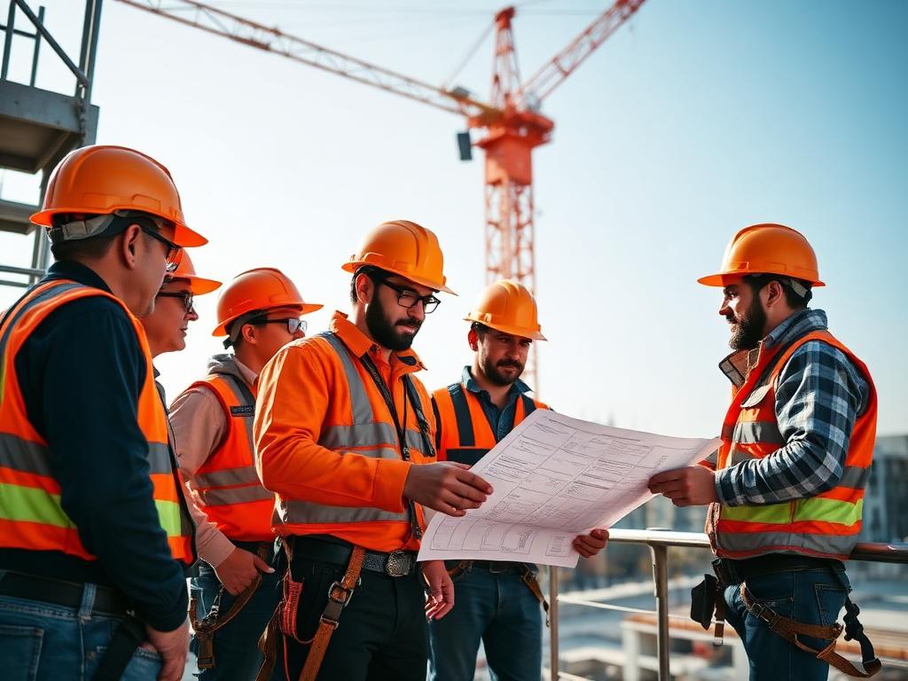 Equipe de engenharia com EPI em canteiro de obras